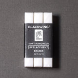 These replacement erasers are designed to be used with the Soft Handheld Eraser + Holder

Each eraser is made of a specialized soft material that erases the dark lines of our graphite cleanly and easily. Use them with our durable aluminum holder that lets you get a solid grip while erasing. The jumbo-sized Blackwing clip also lets you extend the eraser as you use it.