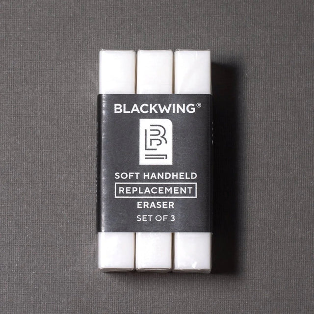 These replacement erasers are designed to be used with the Soft Handheld Eraser + Holder

Each eraser is made of a specialized soft material that erases the dark lines of our graphite cleanly and easily. Use them with our durable aluminum holder that lets you get a solid grip while erasing. The jumbo-sized Blackwing clip also lets you extend the eraser as you use it.