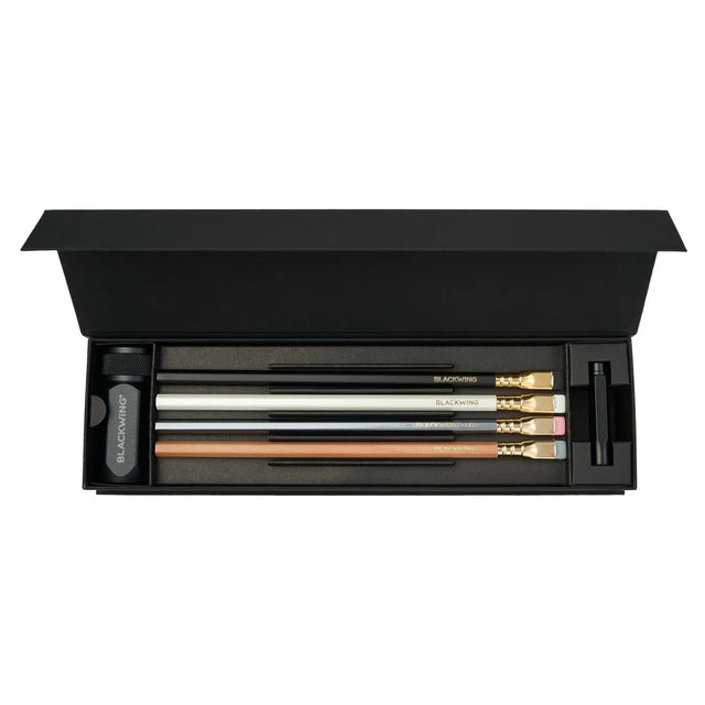 The perfect guide and introduction to Blackwing graphite pencils and accessories. All in one aesthetic and beautiful box set for your desk or an analog gift for the pencil connoisseur, stationery lover, or person in your life that appreciates quality tools.