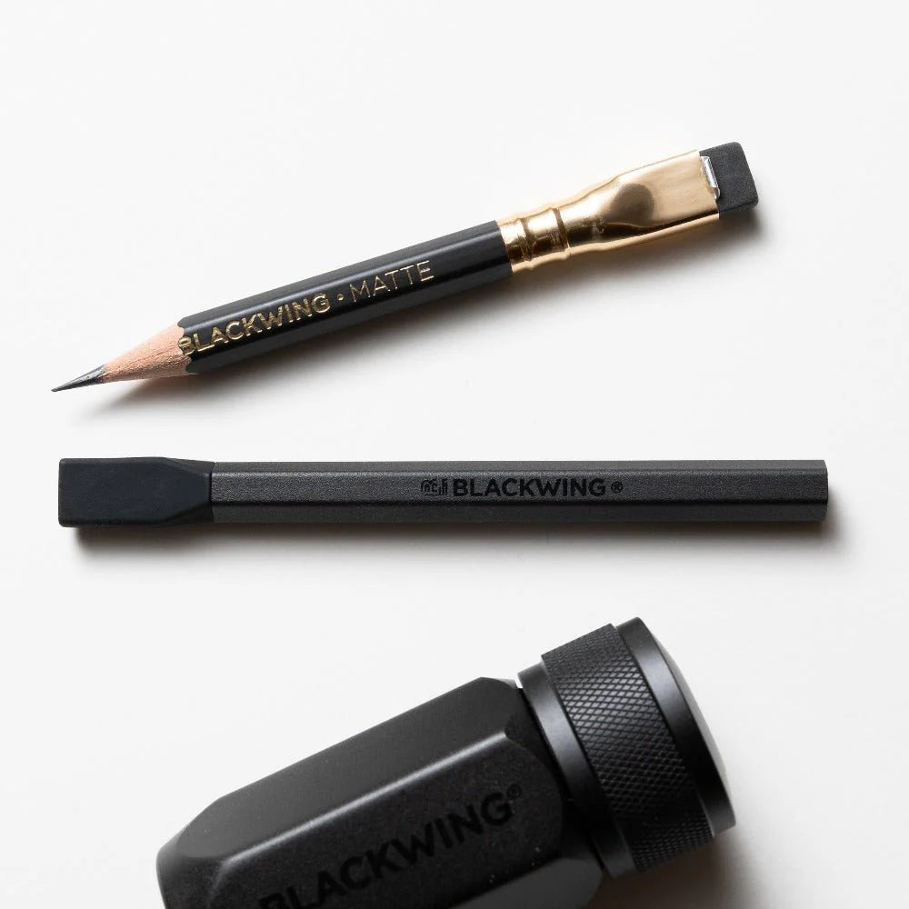 Breathe new life into those pencil nubs you've been saving and prolong the lifespan of your Blackwings with the Pencil Extender. The simple design allows the extender to slide into the clip of the existing Blackwing ferrule. The extender works with all Blackwing pencil models.

Each Blackwing Pencil Extender is made with machined aluminum and features a firm rubber tip to ensure a snug fit, making it feel like you’re holding a regular pencil.