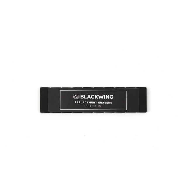 Blackwings have always been known for their iconic, replaceable, square erasers. To replace your eraser, slide the eraser and clip out of the ferrule, remove the clip from the old eraser, place the new eraser into the clip, and insert the new eraser and clip into the ferrule.

Replacement erasers come in sets of 10 and are available in black, white, pink, green, blue, navy blue, orange, yellow, red and grey.