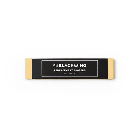 Blackwings have always been known for their iconic, replaceable, square erasers. To replace your eraser, slide the eraser and clip out of the ferrule, remove the clip from the old eraser, place the new eraser into the clip, and insert the new eraser and clip into the ferrule.

Replacement erasers come in sets of 10 and are available in black, white, pink, green, blue, navy blue, orange, yellow, red and grey.