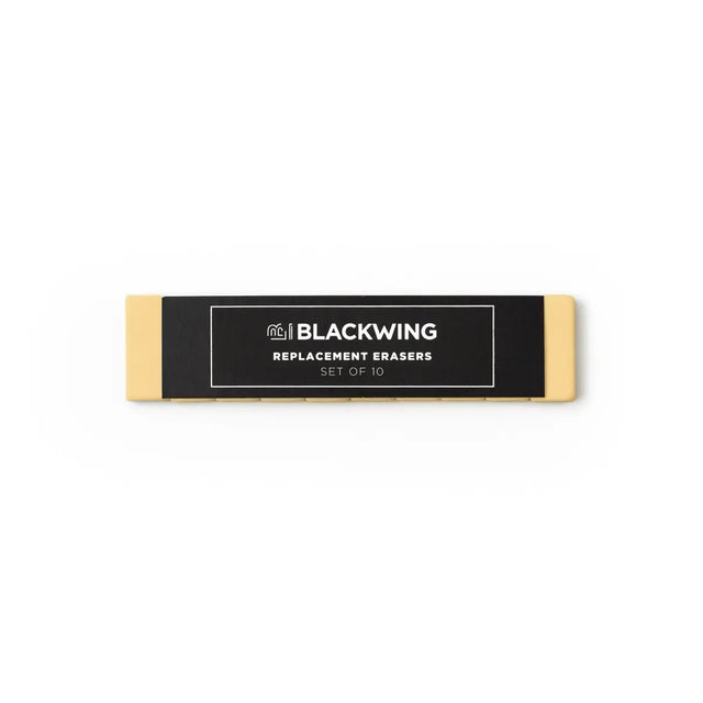 Blackwings have always been known for their iconic, replaceable, square erasers. To replace your eraser, slide the eraser and clip out of the ferrule, remove the clip from the old eraser, place the new eraser into the clip, and insert the new eraser and clip into the ferrule.

Replacement erasers come in sets of 10 and are available in black, white, pink, green, blue, navy blue, orange, yellow, red and grey.
