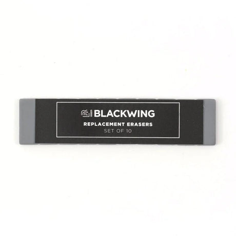 Blackwings have always been known for their iconic, replaceable, square erasers. To replace your eraser, slide the eraser and clip out of the ferrule, remove the clip from the old eraser, place the new eraser into the clip, and insert the new eraser and clip into the ferrule.

Replacement erasers come in sets of 10 and are available in black, white, pink, green, blue, navy blue, orange, yellow, red and grey.