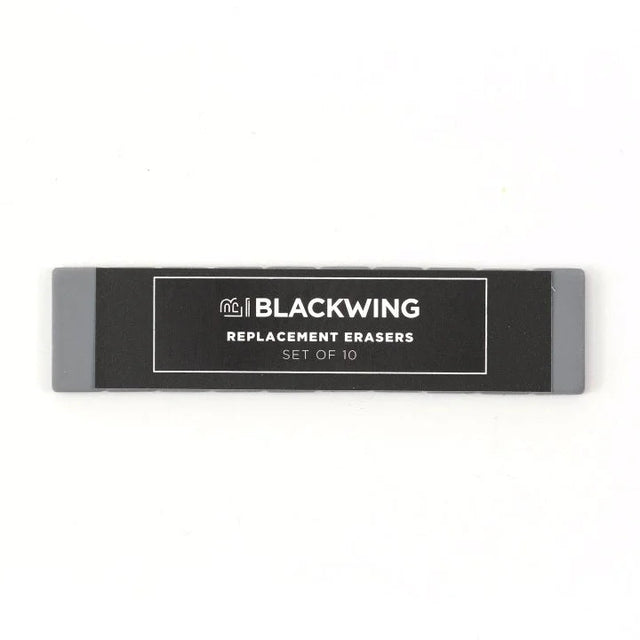 Blackwings have always been known for their iconic, replaceable, square erasers. To replace your eraser, slide the eraser and clip out of the ferrule, remove the clip from the old eraser, place the new eraser into the clip, and insert the new eraser and clip into the ferrule.

Replacement erasers come in sets of 10 and are available in black, white, pink, green, blue, navy blue, orange, yellow, red and grey.