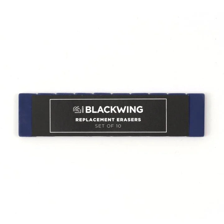 Blackwings have always been known for their iconic, replaceable, square erasers. To replace your eraser, slide the eraser and clip out of the ferrule, remove the clip from the old eraser, place the new eraser into the clip, and insert the new eraser and clip into the ferrule.

Replacement erasers come in sets of 10 and are available in black, white, pink, green, blue, navy blue, orange, yellow, red and grey.