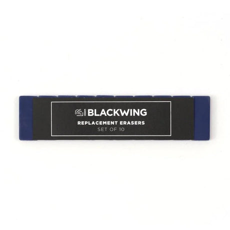 Blackwings have always been known for their iconic, replaceable, square erasers. To replace your eraser, slide the eraser and clip out of the ferrule, remove the clip from the old eraser, place the new eraser into the clip, and insert the new eraser and clip into the ferrule.

Replacement erasers come in sets of 10 and are available in black, white, pink, green, blue, navy blue, orange, yellow, red and grey.