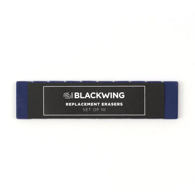 Blackwings have always been known for their iconic, replaceable, square erasers. To replace your eraser, slide the eraser and clip out of the ferrule, remove the clip from the old eraser, place the new eraser into the clip, and insert the new eraser and clip into the ferrule.

Replacement erasers come in sets of 10 and are available in black, white, pink, green, blue, navy blue, orange, yellow, red and grey.