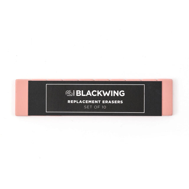 Blackwings have always been known for their iconic, replaceable, square erasers. To replace your eraser, slide the eraser and clip out of the ferrule, remove the clip from the old eraser, place the new eraser into the clip, and insert the new eraser and clip into the ferrule.

Replacement erasers come in sets of 10 and are available in black, white, pink, green, blue, navy blue, orange, yellow, red and grey.