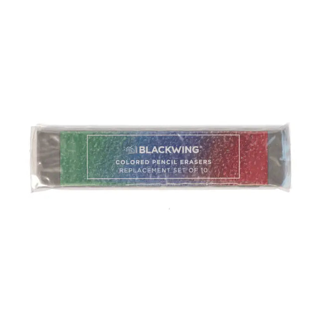 Our grey sand erasers were made specifically to erase colored pencils including Blackwing Colors, Blackwing Red, and Blackwing Blue pencils. The eraser pack includes a set of 10 replacement erasers.