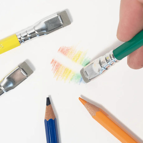 Our grey sand erasers were made specifically to erase colored pencils including Blackwing Colors, Blackwing Red, and Blackwing Blue pencils. The eraser pack includes a set of 10 replacement erasers.