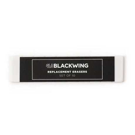 Blackwings have always been known for their iconic, replaceable, square erasers. To replace your eraser, slide the eraser and clip out of the ferrule, remove the clip from the old eraser, place the new eraser into the clip, and insert the new eraser and clip into the ferrule.

Replacement erasers come in sets of 10 and are available in black, white, pink, green, blue, navy blue, orange, yellow, red and grey.