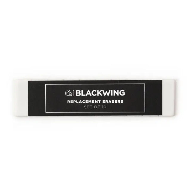 Blackwings have always been known for their iconic, replaceable, square erasers. To replace your eraser, slide the eraser and clip out of the ferrule, remove the clip from the old eraser, place the new eraser into the clip, and insert the new eraser and clip into the ferrule.

Replacement erasers come in sets of 10 and are available in black, white, pink, green, blue, navy blue, orange, yellow, red and grey.