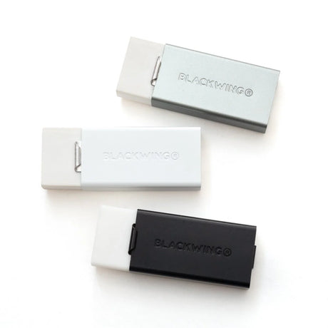 We took the iconic design of our eraser clip and adapted it into a sleek handheld form that feels great to use.

The eraser is made of a special soft material that erases the dark lines of our graphite cleanly and easily. The holder is made of durable aluminum that lets you get a solid grip while erasing. It also includes a jumbo-sized version of the iconic Blackwing clip, so you can extend the eraser as you use it.
