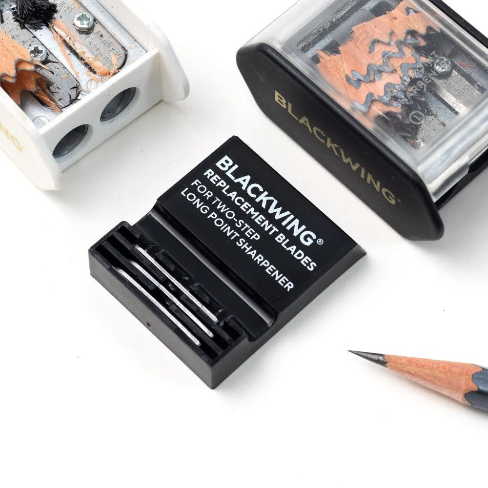 This set comes with three replacement blades for the Blackwing Two-Step Long Point Sharpener. For the best sharpener experience, you don't need to buy a new sharpener, we have high quality sharpener replacement blades made with German Steel that can be swapped out with ease. Here are the three simple steps to replace your dull blades.
