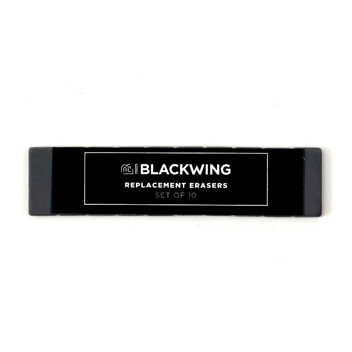 Blackwings have always been known for their iconic, replaceable, square erasers. To replace your eraser, slide the eraser and clip out of the ferrule, remove the clip from the old eraser, place the new eraser into the clip, and insert the new eraser and clip into the ferrule.

Replacement erasers come in sets of 10 and are available in black, white, pink, green, blue, navy blue, orange, yellow, red and grey.