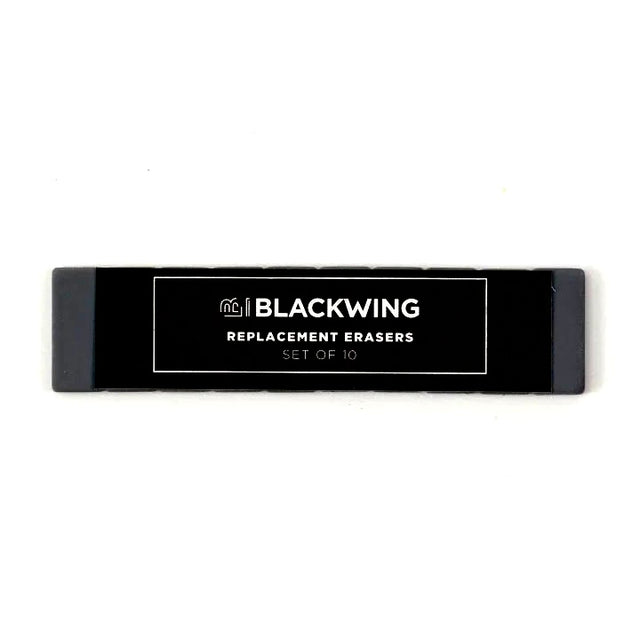 Blackwings have always been known for their iconic, replaceable, square erasers. To replace your eraser, slide the eraser and clip out of the ferrule, remove the clip from the old eraser, place the new eraser into the clip, and insert the new eraser and clip into the ferrule.

Replacement erasers come in sets of 10 and are available in black, white, pink, green, blue, navy blue, orange, yellow, red and grey.