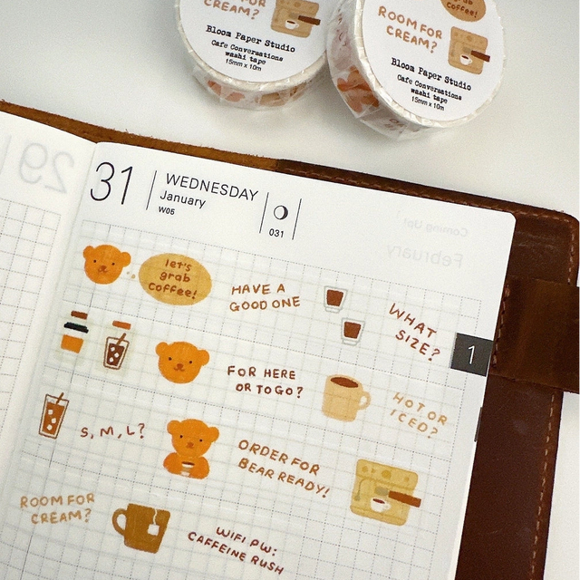 Cafe Conversations contains regular sayings you would hear at a coffee shop between the baristas and the customer.

Made with:
- washi paper
-15mm x 10m

Note: Colors on screen may appear slightly different on paper. By purchasing, you have acknowledged reading this disclaimer.