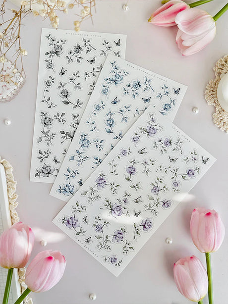 leelajournals Blue, Lilac, Monochrome Roses Sticker Sheet - 3pc set