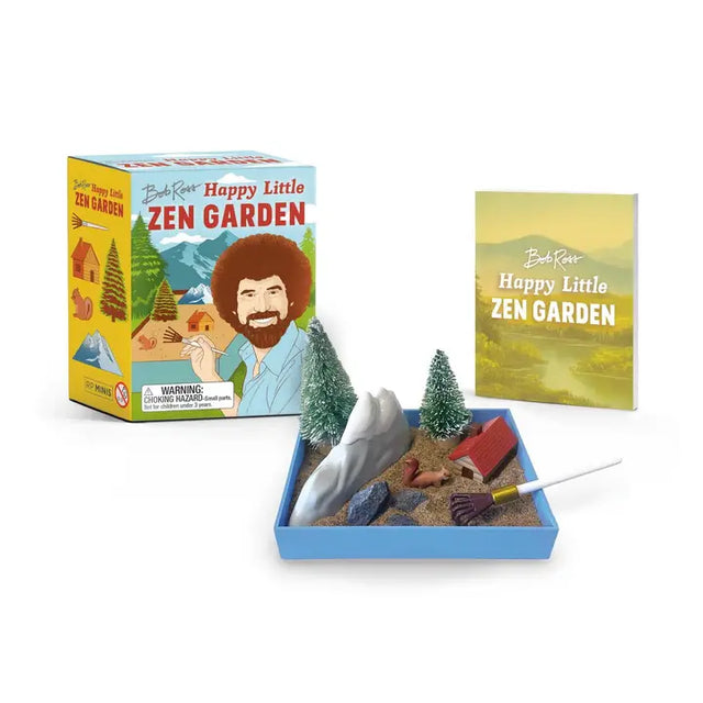 Looking for a mini mindful escape? Just as the Joy of Painting star inspires calm and relaxation with his art, this original Zen garden inspired by Bob Ross is certain to relieve everyday stress.&nbsp; &nbsp; &nbsp;

Everything you need for your Bob Ross Zen Garden:&nbsp;3-5/8 x 2-3/4-inch mini Zen gardening tray, bag of sand, stones, “fan brush” rake, and mini accessories (Peapod the squirrel, snow-topped mountain, log cabin, 2 bristle-brush trees)&nbsp; &nbsp;
Illustrated mini book: Includes a 32-page 2-1