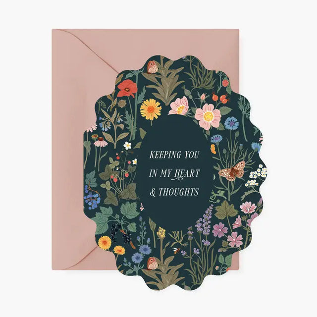 A lovely greeting card featuring florals and butterflies to show someone you are thinking of them.&nbsp;

~ A2 (4¼" x 5½") folded-card
~ Warm-white premium cardstock
~ Wave die-cut edges
~ Full color&nbsp;
~ Blank interior
~ Paired with A2 envelope