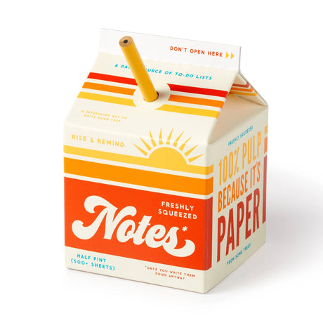 Sure it looks like an orange juice carton, but lift off the top, and you’ll find a block of 500+ tear-off sheets of paper – making this note set by Brass Monkey perfect for reminders, doodles, or that to-do list that’s bordering on expired. 