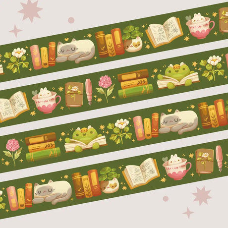 A washi tape inspired by plants and bookish things! This is a reprint of an older design - the colors are a little brighter this time. Each roll of washi tape is 15mm (approximately 0.59 inches) wide and 10 meters (approximately 10.9 yards) long.

Washi tapes have a small labeling sticker with branding and design, but without extra packaging.