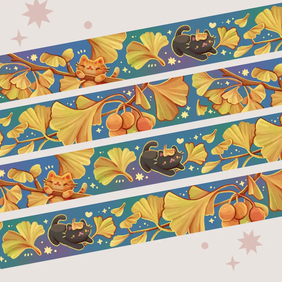 A washi tape inspired by ginkgo leaves! Each roll of washi tape is 15mm (approximately 0.59 inches) wide and 10 meters (approximately 10.9 yards) long.

Washi tapes have a small labeling sticker with branding and design, but without extra packaging.