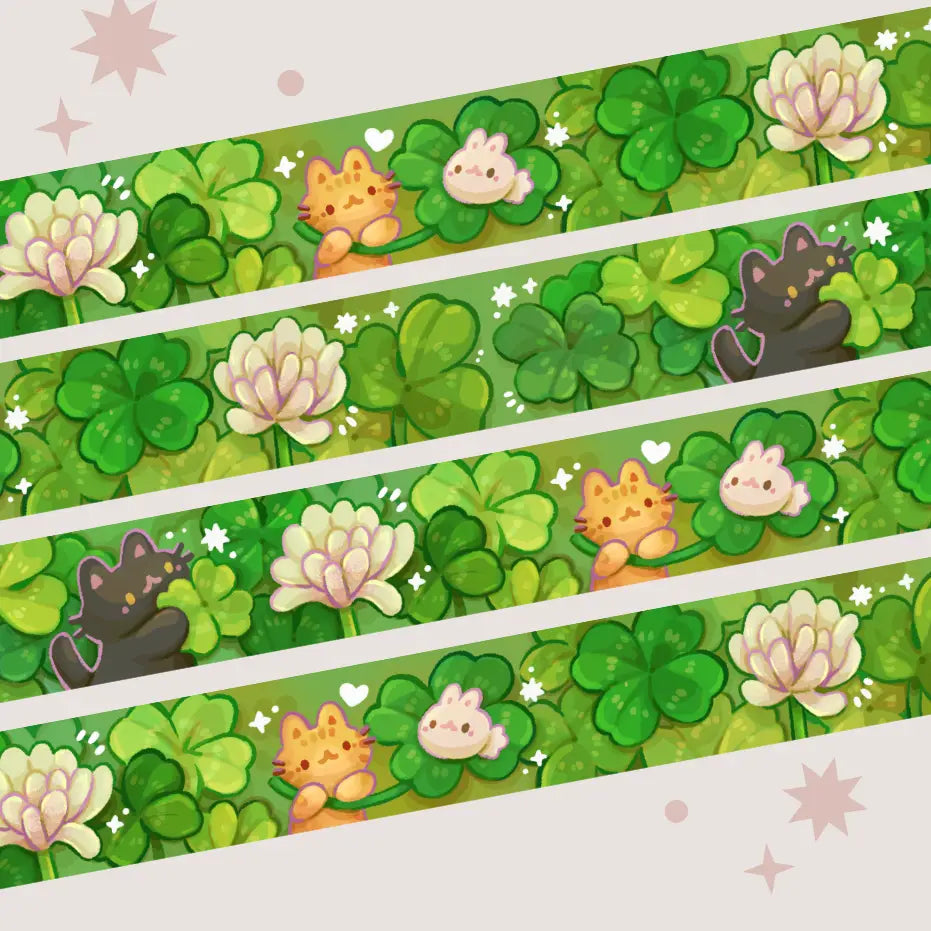 A washi tape inspired by spring clovers! Each roll of washi tape is 15mm (approximately 0.59 inches) wide and 10 meters (approximately 10.9 yards) long.

Washi tapes have a small labeling sticker with branding and design, but without extra packaging.