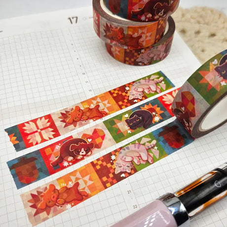 A washi tape inspired by naps on some cozy quilts! Each roll of washi tape is 15mm (approximately 0.59 inches) wide and 10 meters (approximately 10.9 yards) long.

Washi tapes have a small labeling sticker with branding and design, but without extra packaging.