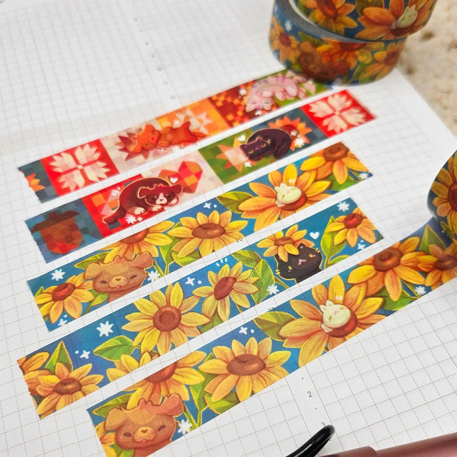 A washi tape inspired by sunflowers! Each roll of washi tape is 15mm (approximately 0.59 inches) wide and 10 meters (approximately 10.9 yards) long.

Washi tapes have a small labeling sticker with branding and design, but without extra packaging.
