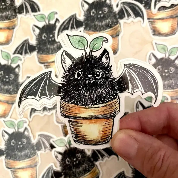 Sprig, a bat that lives in a flower pot!

Includes one 3" vinyl sticker

Dishwasher Safe and Water resistant
Perfect for water bottles, laptops, folders and more!