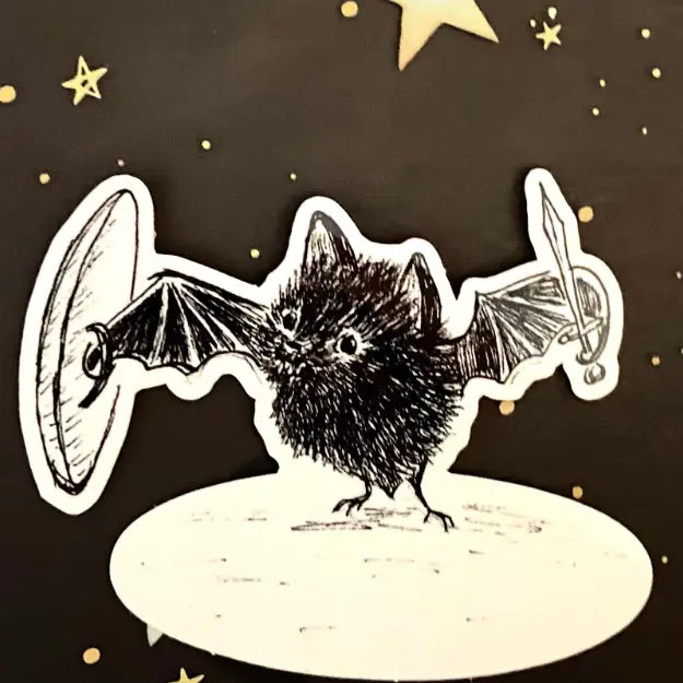 An adorable vinyl sticker of a brave bat with a sword and a shield, ready to be the protector of the world!

Includes 1 vinyl sticker
Dimensions: 3in x 2.5in
Dishwasher Safe and Water resistant
Perfect for water bottles, laptops, folders and more!