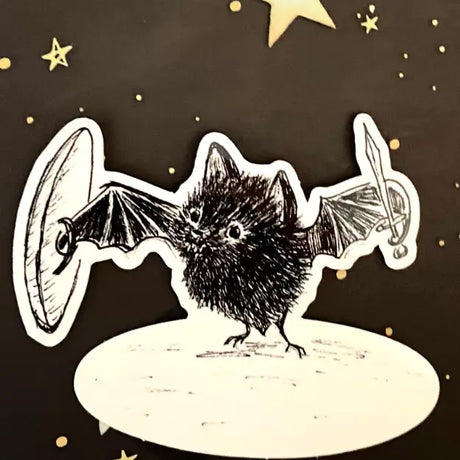 An adorable vinyl sticker of a brave bat with a sword and a shield, ready to be the protector of the world!

Includes 1 vinyl sticker
Dimensions: 3in x 2.5in
Dishwasher Safe and Water resistant
Perfect for water bottles, laptops, folders and more!