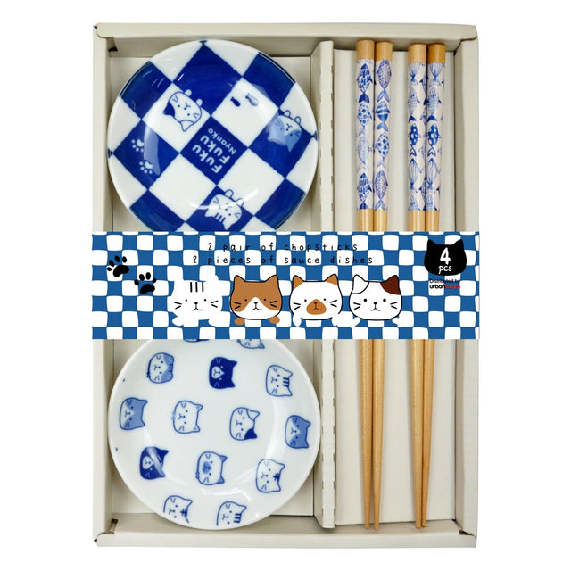 This adorable box set includes 2 sets of chopsticks and dishes.

Size: 9"L chopsticks, 3"L Small Dish
Material: Bamboo and Ceramic
Origin: China
