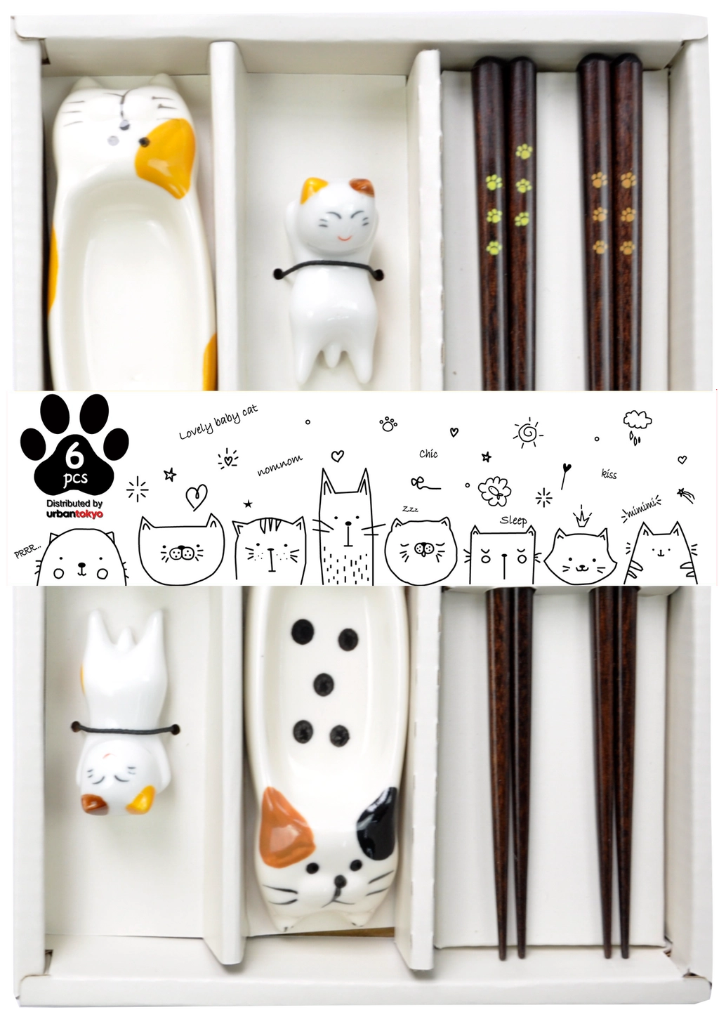 This adorable box set includes 2 sets of chopsticks, rests, and sauce dishes.

Size: Chopsticks 9 inch, Cat Sauce Dish 4 inch L
Material: Bamboo and Ceramic
Origin: China