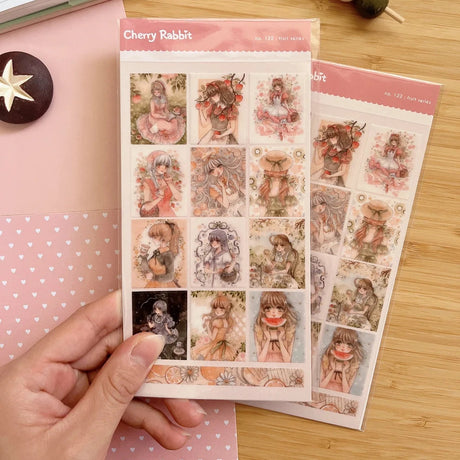 Clear transparent sticker sheet! Decorate your planner / diary with these watercolor illustrations of fruit girls 🍒🍓🍋🍐🍉✨

Kiss cut sticker sheet (stamp style)
1 sheet
Sheet size: 9 x 18 cm
Material: Clear PET
