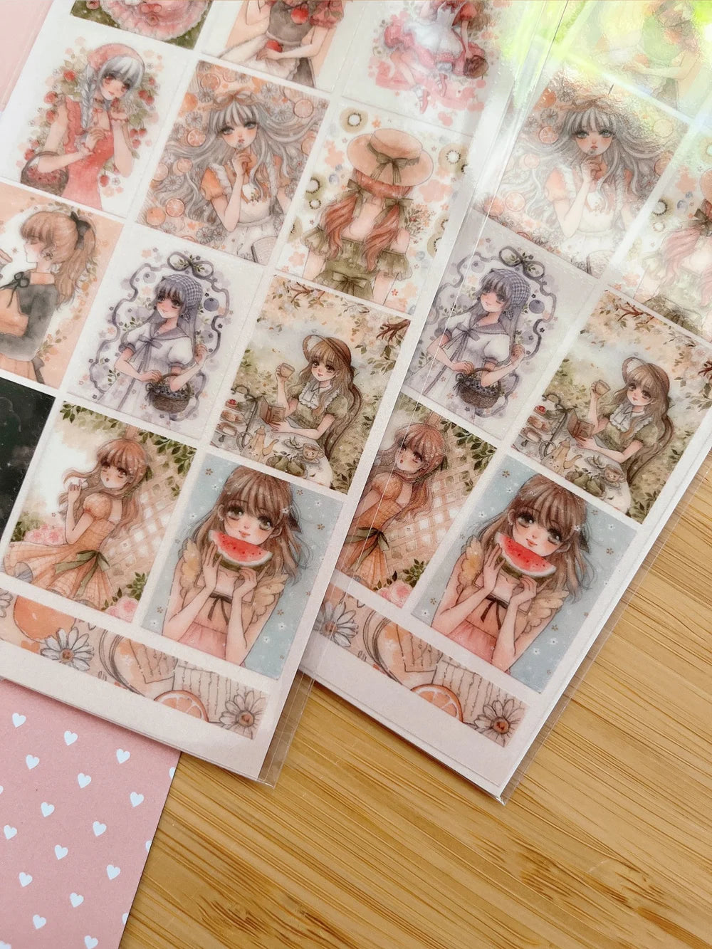Clear transparent sticker sheet! Decorate your planner / diary with these watercolor illustrations of fruit girls 🍒🍓🍋🍐🍉✨

Kiss cut sticker sheet (stamp style)
1 sheet
Sheet size: 9 x 18 cm
Material: Clear PET