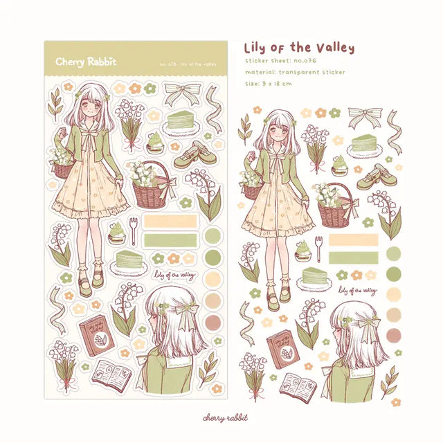 Clear transparent sticker sheet! Decorate your planner / diary with these lily of the valley themed stickers!

Kiss cut sticker sheet (stamp style)
1 sheet
Sheet size: 9 x 18 cm
Material: Clear PET