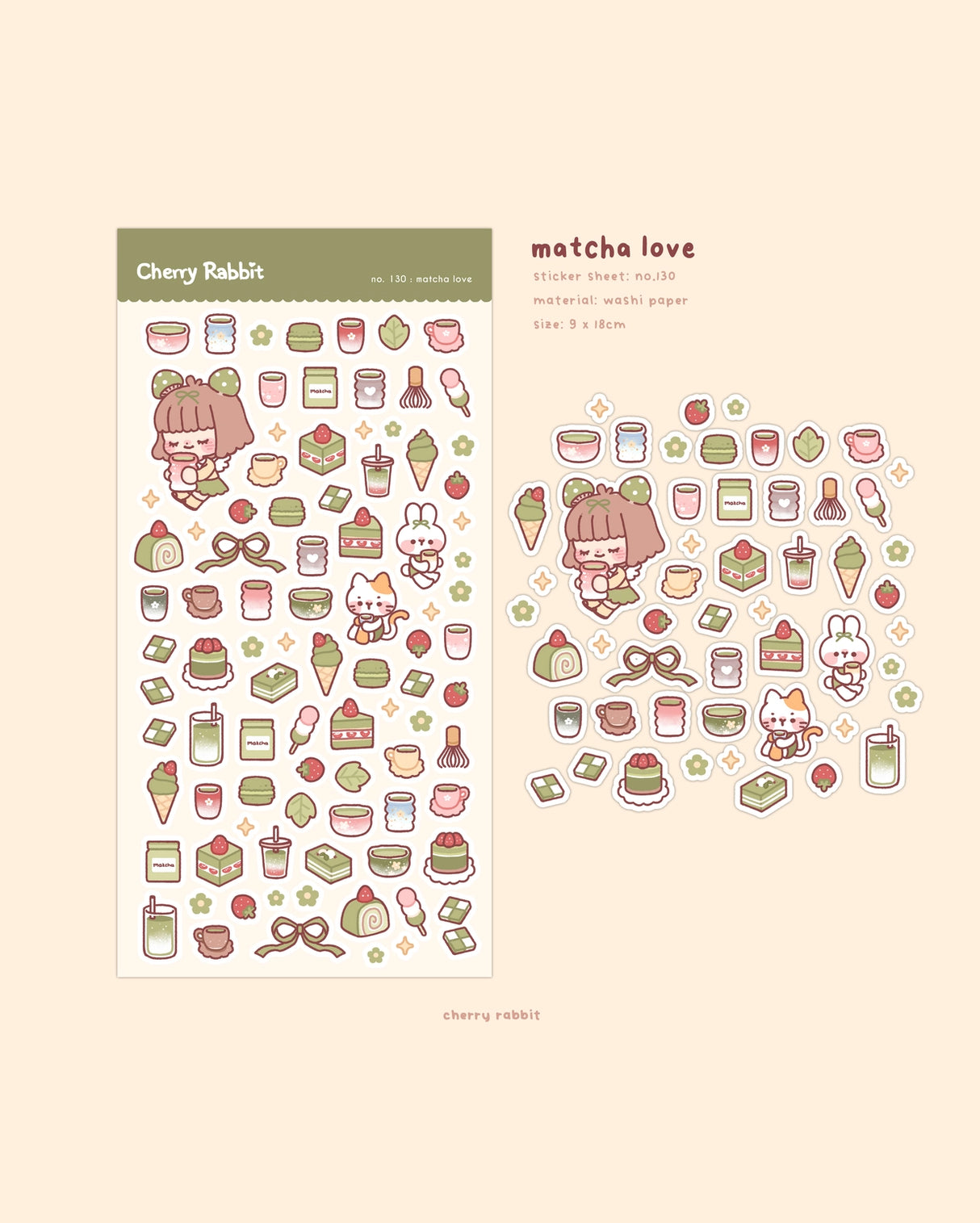 Decorate your planner / diary with these little stickers of matcha treats!

Kiss cut sticker sheet
1 sheet
Sheet size: 9 x 18 cm
Material: Washi sticker / Masking sticker