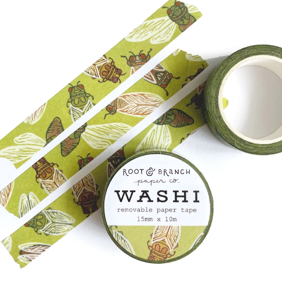  Our cicada washi tape is a vibrant green tape created in homage to the loudest bug on the block: the cicada! This is a lightweight decorative tape printed on traditional rice paper. It is removable and leaves no residue, making it perfect for scrapbooking, stationery, crafts and more. Featuring a collection of complementary nature inspired designs that bring a pop of color to all your projects! Perfect for gifting and arts + crafts displays.

Tape dimensions: 15mm x 10m, or 0.59” x 32.8’ 
