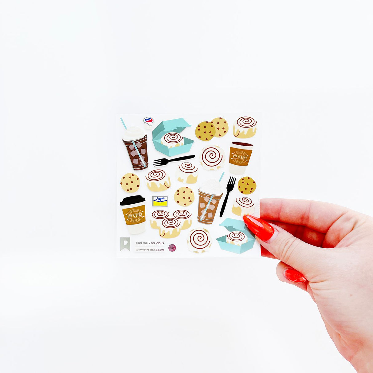 PipStickers are the PERFECT gift for the sticker lover in your life - even if it's you! These unique PVC designs with silver foil accents come on a clear backing and cannot be found anywhere else.
Includes one 4'' x 4'' sheet of Cinn-fully Delicious PipStickers and includes the Pipsticks manifesto.