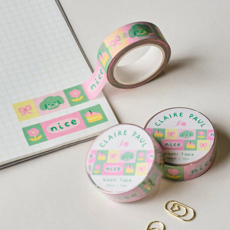 Very cute washi tape featuring nice little illustrations of a dog, cake, flower and bow!

This paper masking tape is perfect for decorating your bullet journal and planners, scrapbooking & gift wrapping. It'll add some fun and colour to any surface and is easy to peel off.