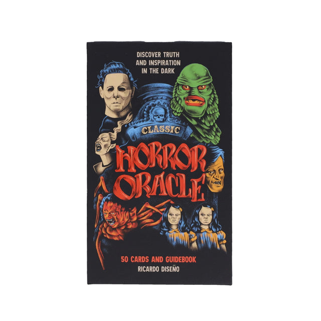 Discover truth and inspiration in the dark with the Classic Horror Oracle deck.
This uniquely entertaining and beautifully creepy oracle deck harnesses the energies and dark truths revealed in iconic classic horror movies to find guidance, discover inner resources, and cultivate inspiration. Each of the 50 carefully selected films is represented by an evocative mini-movie-poster-style illustration from celebrated artist Ricardo Diseño, with an oracular theme for divination called out.