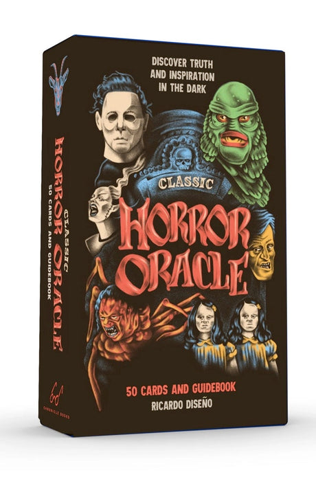 Discover truth and inspiration in the dark with the Classic Horror Oracle deck.
This uniquely entertaining and beautifully creepy oracle deck harnesses the energies and dark truths revealed in iconic classic horror movies to find guidance, discover inner resources, and cultivate inspiration. Each of the 50 carefully selected films is represented by an evocative mini-movie-poster-style illustration from celebrated artist Ricardo Diseño, with an oracular theme for divination called out.