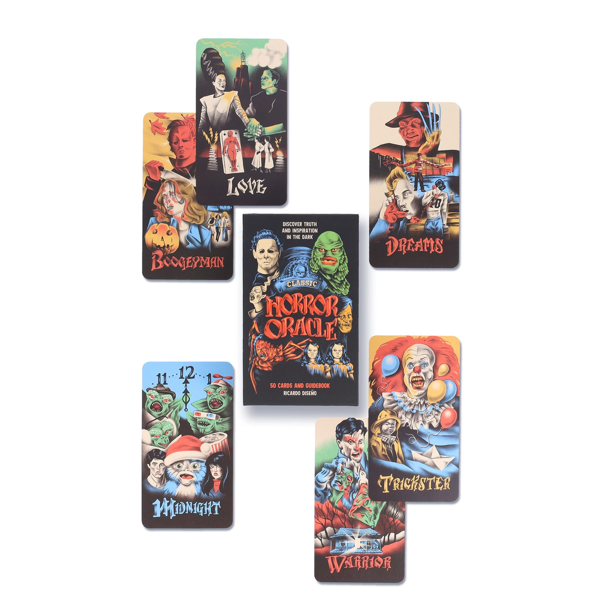 Discover truth and inspiration in the dark with the Classic Horror Oracle deck.
This uniquely entertaining and beautifully creepy oracle deck harnesses the energies and dark truths revealed in iconic classic horror movies to find guidance, discover inner resources, and cultivate inspiration. Each of the 50 carefully selected films is represented by an evocative mini-movie-poster-style illustration from celebrated artist Ricardo Diseño, with an oracular theme for divination called out.