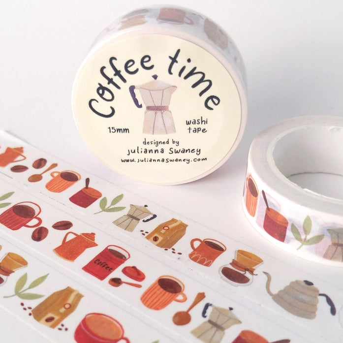 This cute washi tape is made from my original hand painted designs and features a cavalcade of all things coffee lover! Things such as coffee beans, french press, pour over, and espresso coffee makers, milk and and a collection of different mugs.