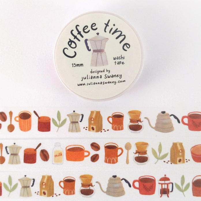 This cute washi tape is made from my original hand painted designs and features a cavalcade of all things coffee lover! Things such as coffee beans, french press, pour over, and espresso coffee makers, milk and and a collection of different mugs.