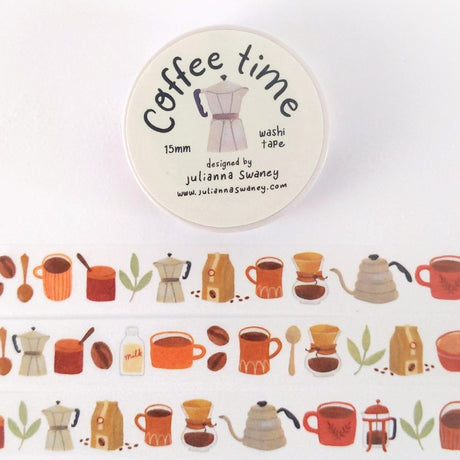 This cute washi tape is made from my original hand painted designs and features a cavalcade of all things coffee lover! Things such as coffee beans, french press, pour over, and espresso coffee makers, milk and and a collection of different mugs.