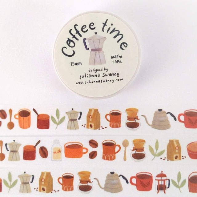 This cute washi tape is made from my original hand painted designs and features a cavalcade of all things coffee lover! Things such as coffee beans, french press, pour over, and espresso coffee makers, milk and and a collection of different mugs.